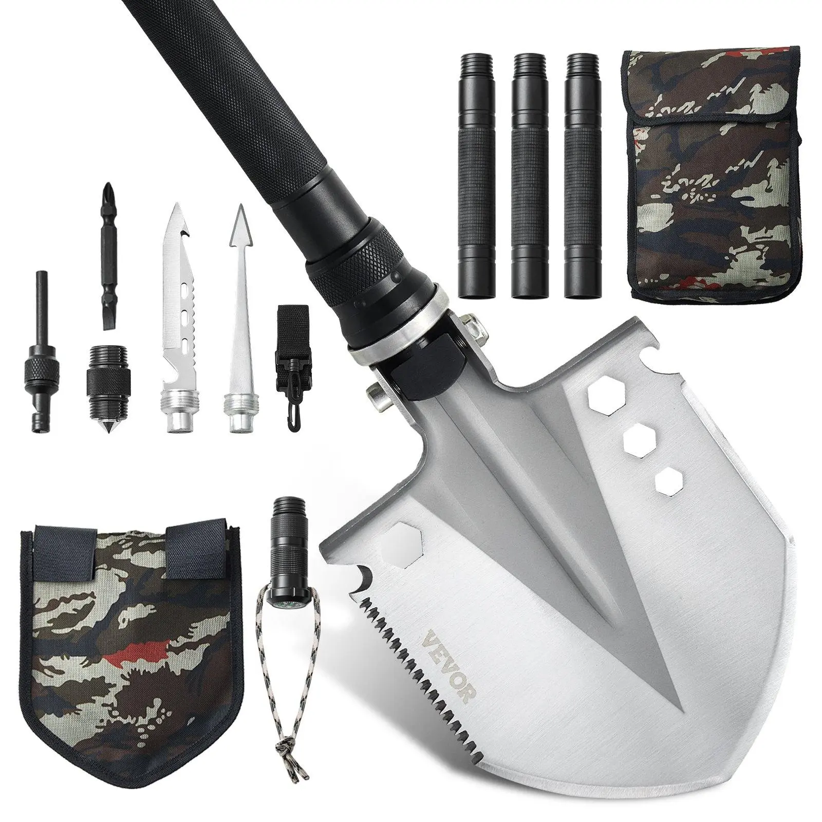 Father's Day Gifts 13-in-1 Folding Survival Shovel, Stainless Steel Heavy-Duty Retractable Multitool, Portable Compact Survival Equipment for Outdoor Adventure & Emergency Use,father'sdaygifts