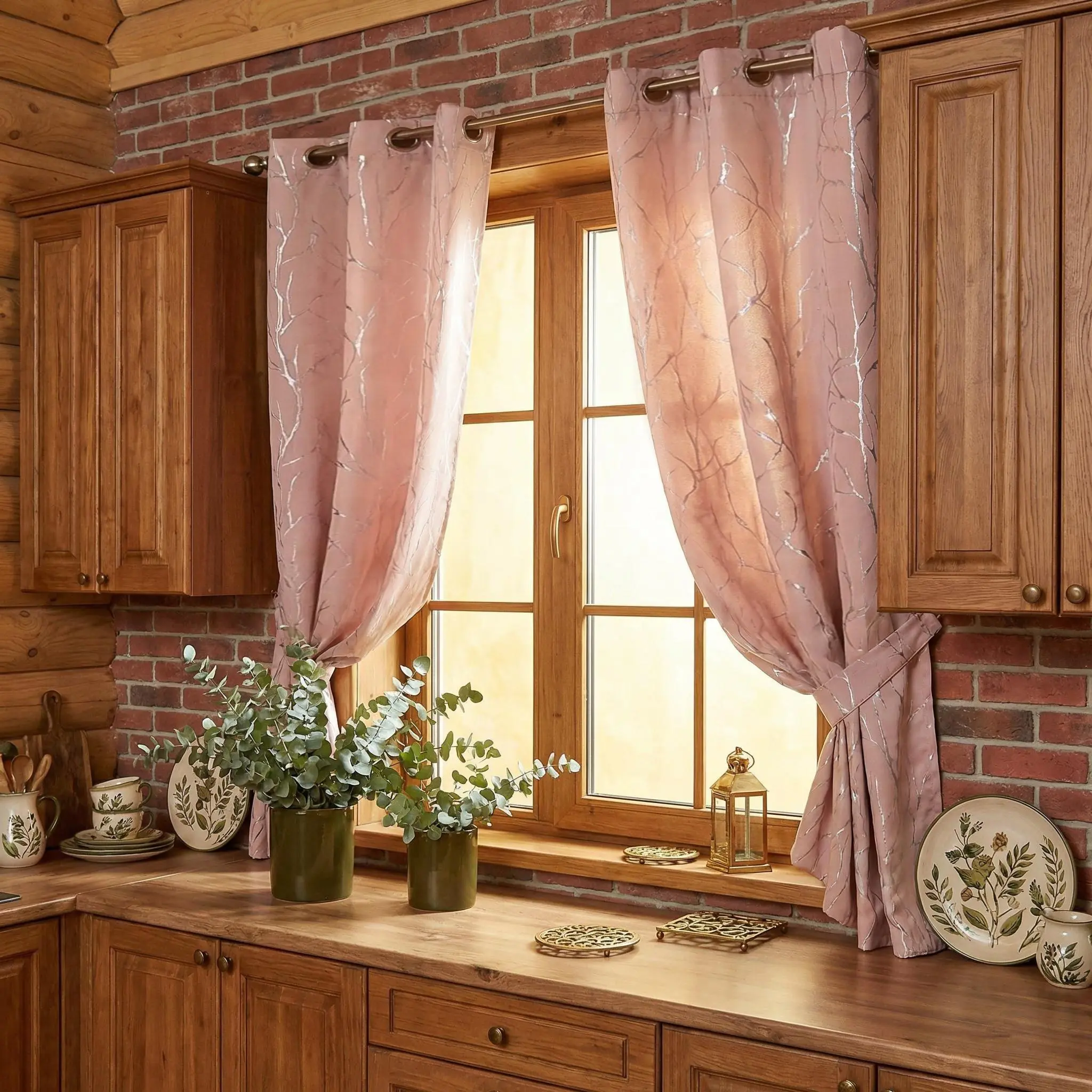 2 Pcs 34x63 in Grommet Curtains, Glue-Printed Tree Branch Plant Print Blackout Thermal Window Treatments, Wrinkle-Resistant Fading-Resistant Vintage Decor for Living Room, Kitchen Windows FT24791