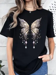 European & American Fashion Loose Versatile Casual Short Sleeve T-Shirt: Cotton Butterfly Print, Wearable SS-Autumn, Fit for Commute/Shopping, Breathable Lively