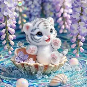 Cute Baby White Tiger in Seashell with Wisteria Flowers, 5D Full Drill Diamond Painting Kit, Adorable Fantasy Kitten Art, DIY Cross Stitch Mosaic Craft, Whimsical Floral Water Scene, Home Wall Decor, Handmade Gift for Adults