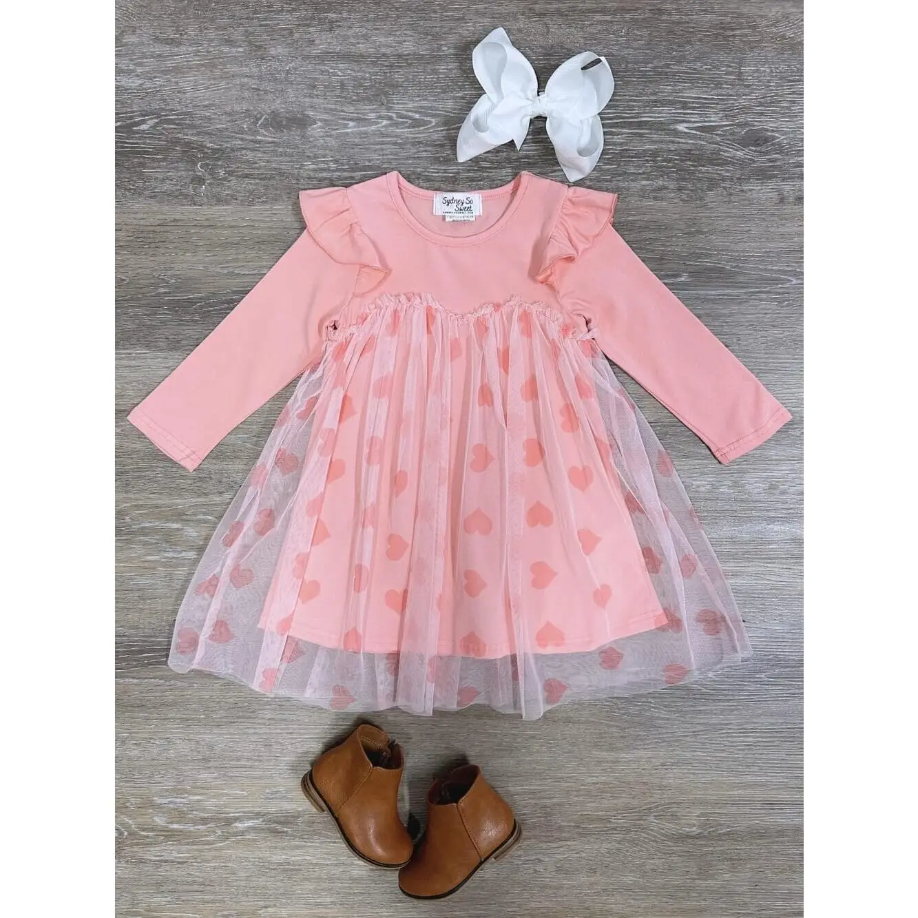 Baby Pink Hearts Tulle Chiffon Ruffle Girls or Toddler Valentine's Day Special Occasion Holiday Birthday Long Sleeve Dress