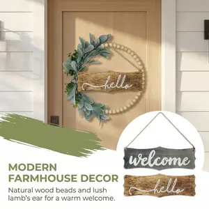 Farmhouse Hello Welcome Wreath for Front Door, Reversible Double-Sided Wooden Sign with Lambs Ear Greenery, Rustic Porch Decor for Home Entryway