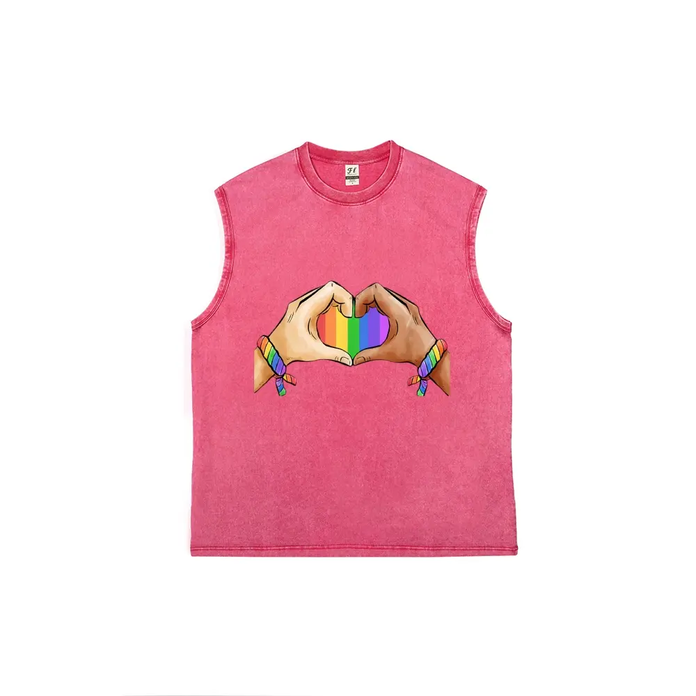Pride Rainbow Heart Hands Sleeveless Tank Top | Pink Vintage Washed LGBTQ+ Graphic Muscle Shirt | Soft Cotton Inclusive Pride Tee | Casual Streetwear | Perfect Gift for Pride Month & Allies