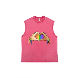 Pride Rainbow Heart Hands Sleeveless Tank Top | Pink Vintage Washed LGBTQ+ Graphic Muscle Shirt | Soft Cotton Inclusive Pride Tee | Casual Streetwear | Perfect Gift for Pride Month & Allies