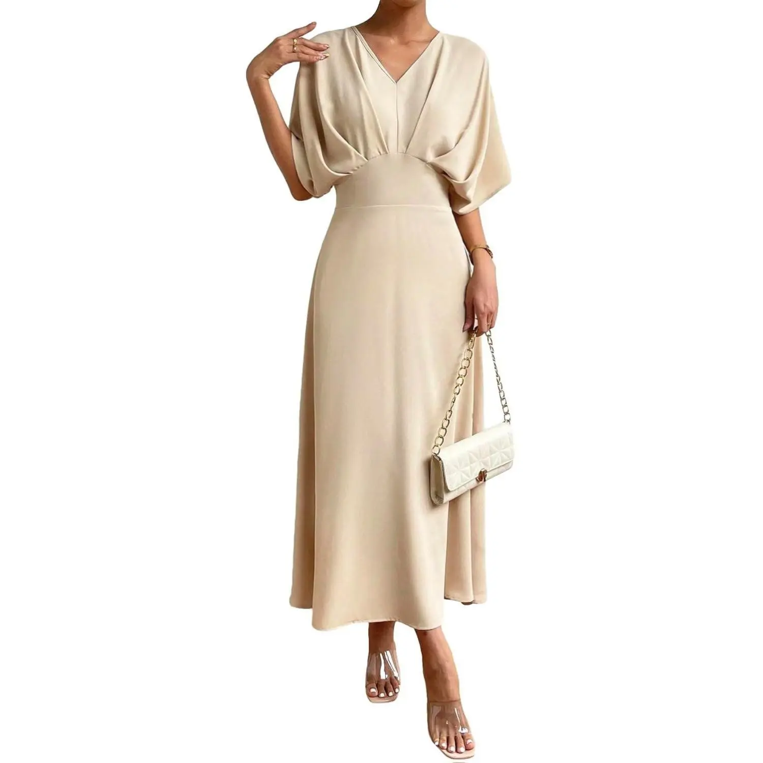 Floerns Women's V Neck Half Sleeve Ruched Cocktail Evening A Line Long Dress with Zipper Up & Flare Hem for Parties & Daily Wear