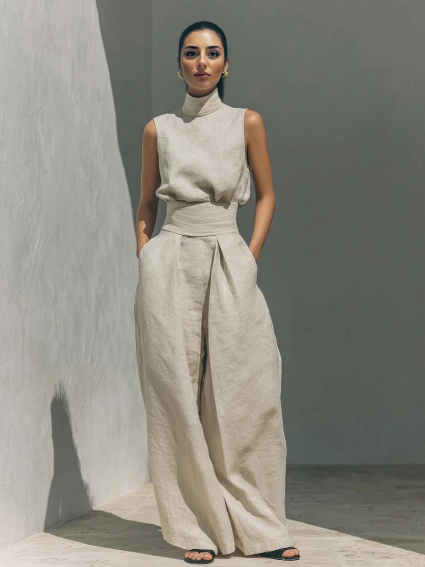 LikeMyChoice 2-Piece Elegant Linen-Blend Set Chic Mock Neck Halter Top & High-Waisted Wide-Leg Pants | Trendy Old Money Aesthetic Outfit for Summer Vacation & Office LikeMyChoice 2-Piece Elegant Linen-Blend Set Chic Mock Neck Halter Top & High-Waisted Wide-Leg Pants | Trendy Old Money Aesthetic Outfit for Summer Vacation & Office
