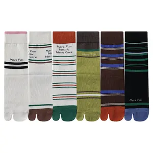 Women Cotton Two Toe High Socks Spring Autumn Striped Mid Calf Barefoot Split Toe Seamless