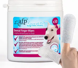Allforpaws Sparkle Dog Dental Finger Wipes 50 Count Dual Textured for Plaque & Tartar Removal Infused with Peppermint & Green Tea Extract
