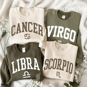 Minimalist Zodiac Sweatshirt – Astrology Sign Crewneck for Men and Women, LIBRA, CANCER, VIRGO, SCORPIO Cozy Horoscope Pullover with Bold College Letter Design, Perfect Gift for Zodiac Lovers