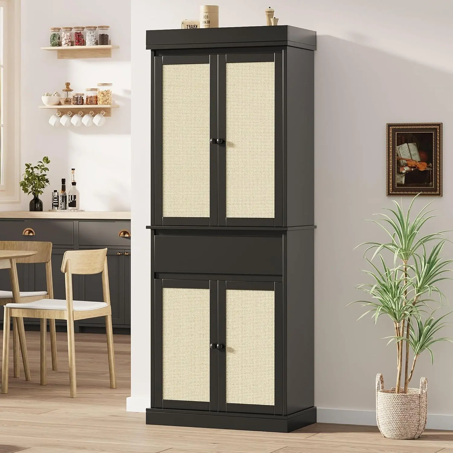 【Christmas Gift】Black Rustic Pantry Cabinet with Rattan Doors Adjustable Shelves and Drawer Sixty Nine Inch Tall Storage Organizer Black Kitchen Sideboard