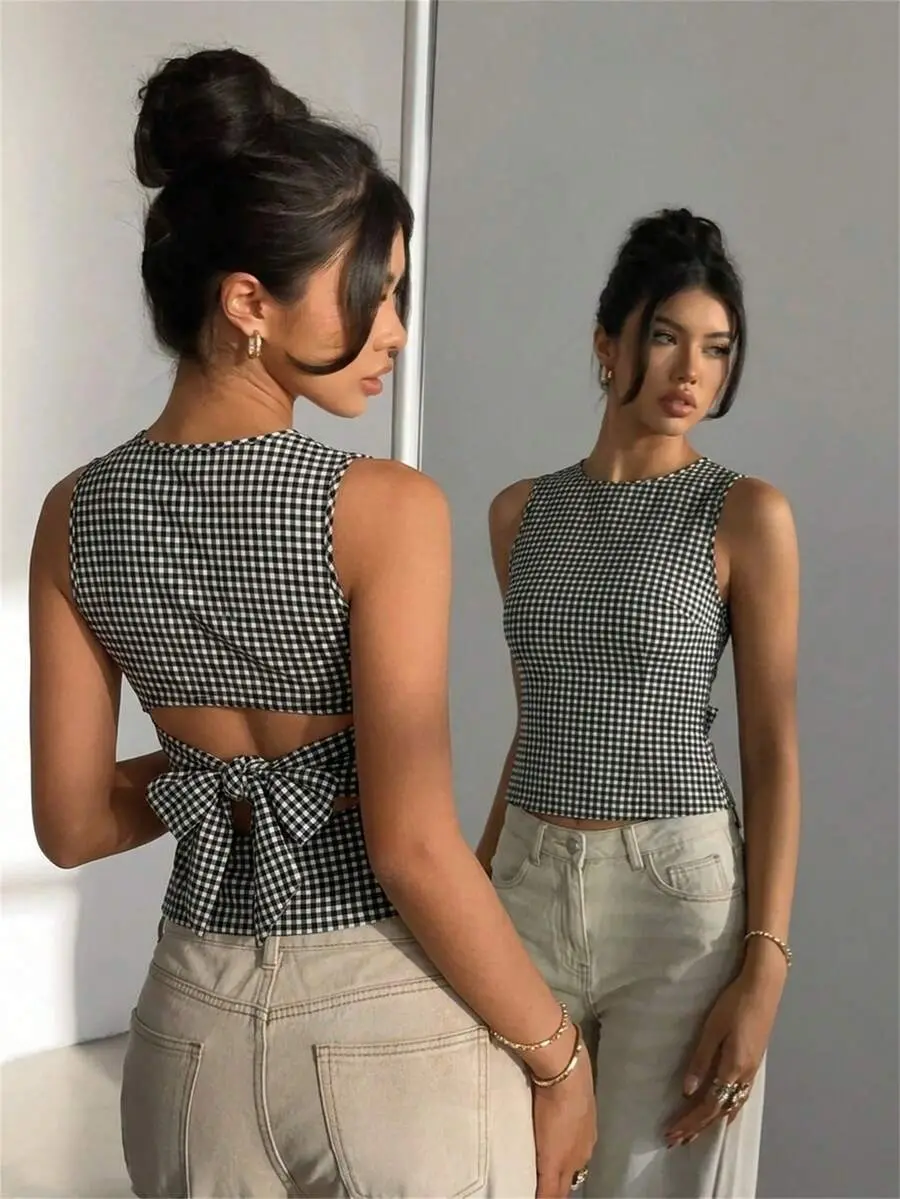 Women's Backless Bow Tie Round Neck Sleeveless Blouse, Suitable For Commuting And Daily Wear, Checkered Top, Gingham Back Top,Summer