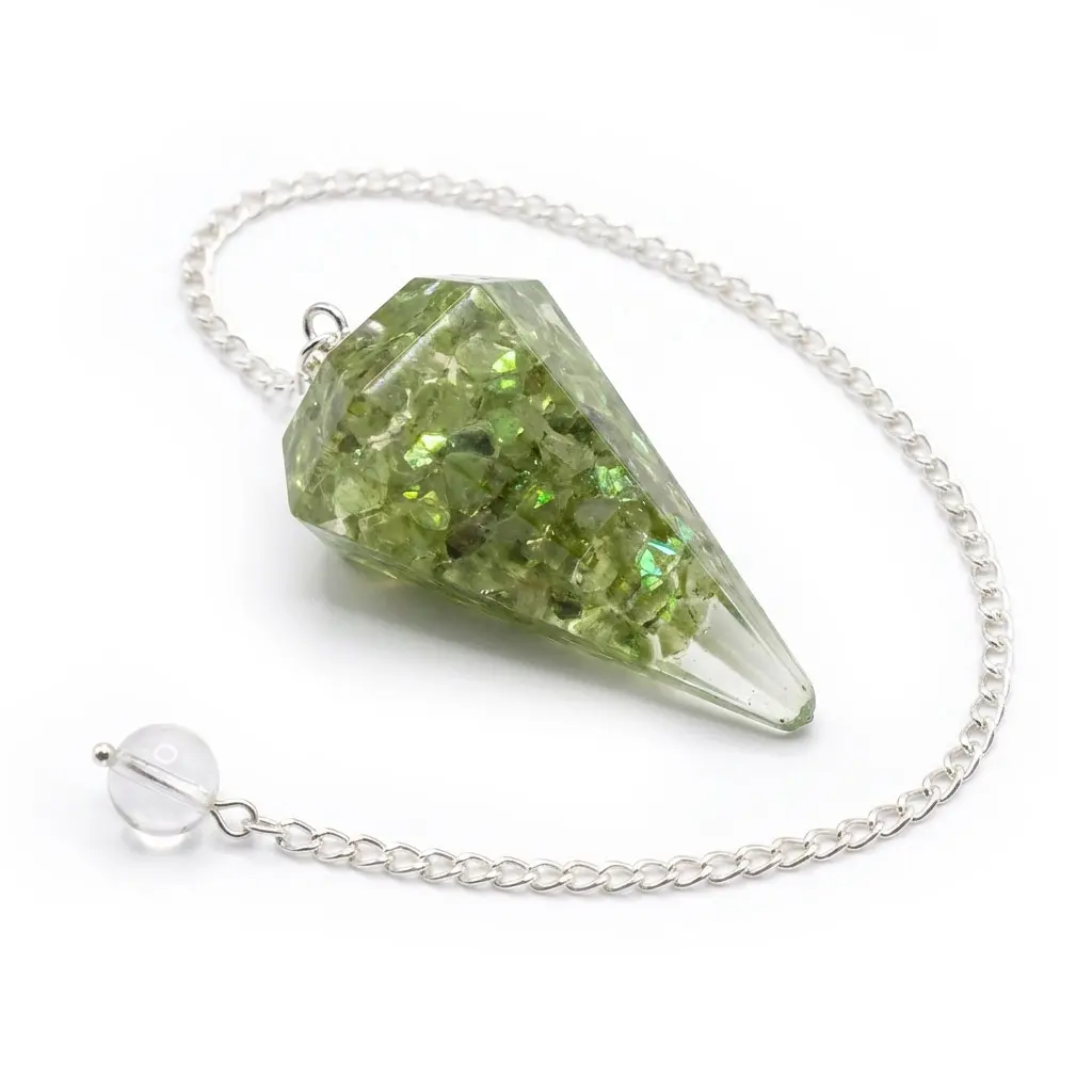 Peridot Orgone Pendulum — Green Crystal Dowsing Tool with Silver Chain Peridot Orgone Pendulum — Green Crystal Dowsing Tool with Silver Chain