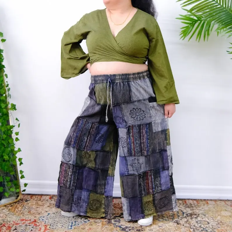 Patchwork Palazzo Wide Leg Pants, Earth Tones Boho Festival Trousers, 90s Hippie Pants, Whimsigoth Styles, Cotton Plus Size Trousers, Yoga