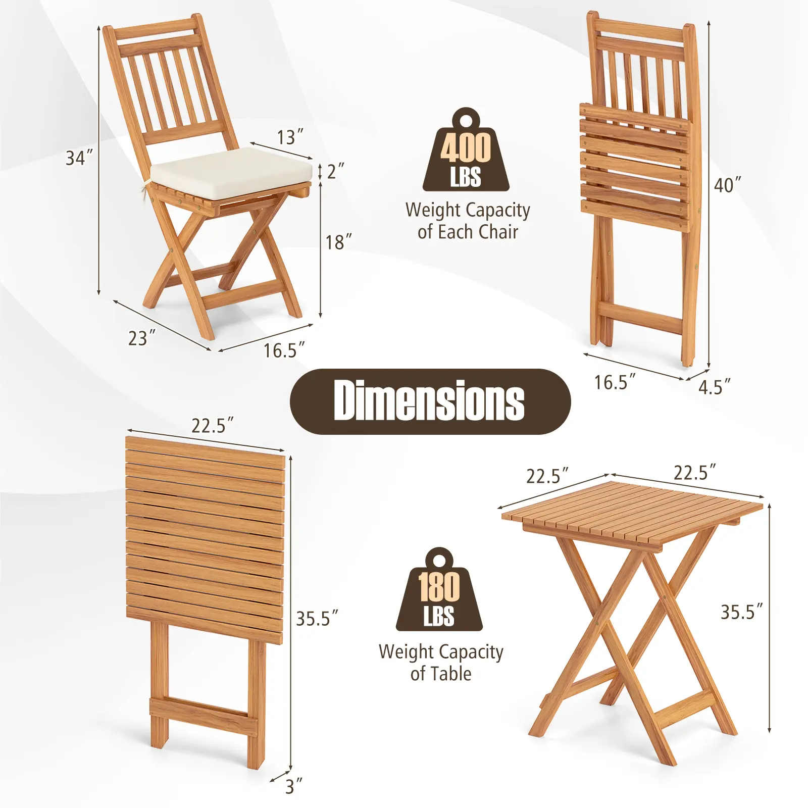COSTWAY - Outdoor Wood Bistro Set with Soft Seat Cushions and Table-White COSTWAY - Outdoor Wood Bistro Set with Soft Seat Cushions and Table-White