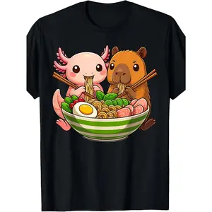 Axolotl And Capybara Eating Ramen Noodles T-Shirt | Vintage Style, Crew Neck, Slight Stretch Fabric, Regular Fit, Perfect For Adults, All-Season Wear