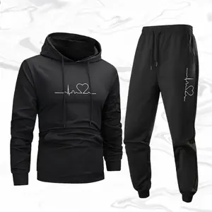 A hooded sweatshirt sports set with both the hoodie and joggers featuring a white heartbeat line and love heart combination pattern, simple yet slightly romantic style. This type of sports suit usually features comfortable fabrics, suitable for everyday c