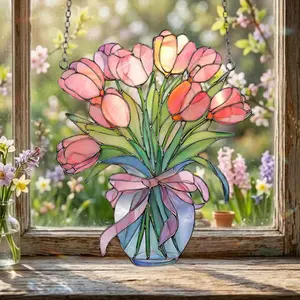 Tulip Bouquet in Vase Stained Glass Style Suncatcher – Spring Flower Window Hanging, Tulip Sun Catcher, Floral Window Decor