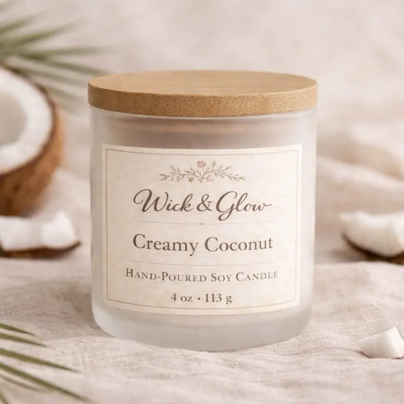 Wick & Glow Creamy Coconut Hand-Poured Soy Candle 4 oz 113 g with Natural Wood Lid for Aromatic Home Decor