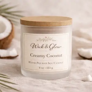 Wick & Glow Creamy Coconut Hand-Poured Soy Candle 4 oz 113 g with Natural Wood Lid for Aromatic Home Decor