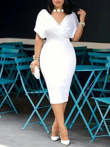 Pure Color Strapless V-Neck Half Sleeve Back Zipper Bubble Dress, Elegant Short Dress for All Seasons, Fashionable European and American Style Womenswear