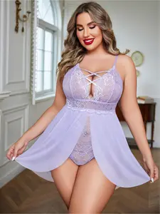 Women's Plus Size Sexy Lace Mesh Cross Body Suit, Sexy Split Transparent Doll Dress, Ladies' Seductive Underwear Skirt