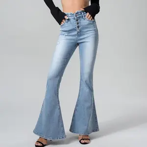 Women's Lady Stretchy High-Rise Flare Jeans - Tummy Control Button-Fly Denim, Slim-Fitting All-Seasons Everyday Essential Minimalist Pants, Light Wash Bell Bottoms