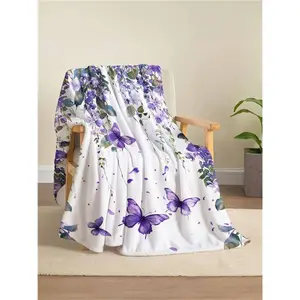 Purple Butterfly Floral Throw Blanket, soft plush fleece blanket for couch/sofa/bed, lavender butterfly polyester blanket, cozy botanical throw for bedroom decor, aesthetic flower blanket for girls and women, lightweight all-season blanket gift