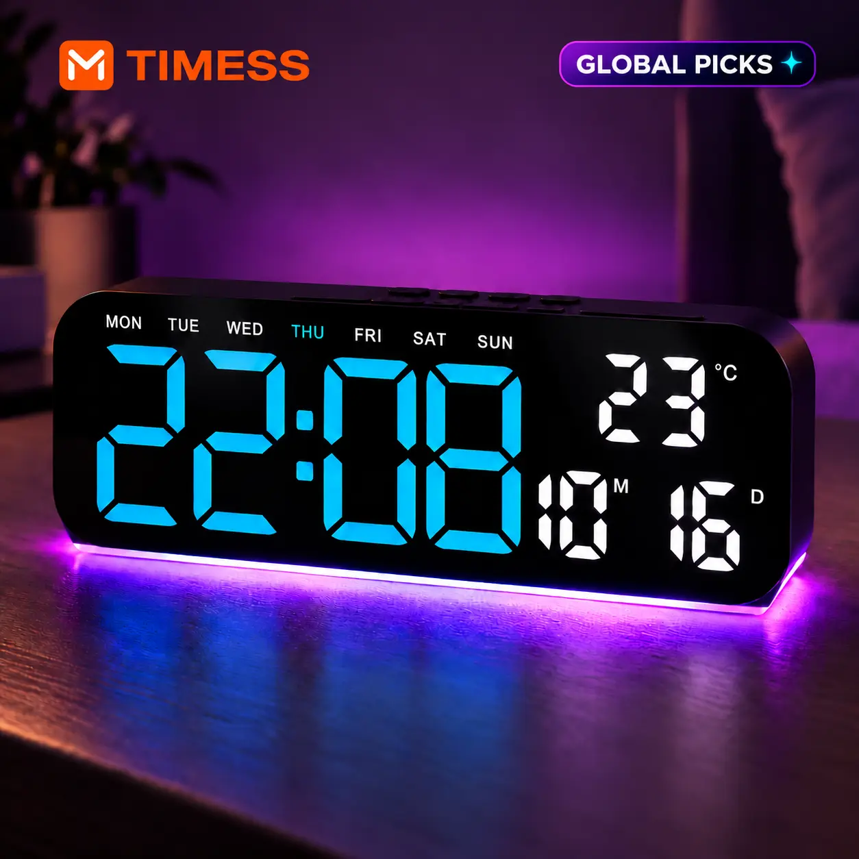 TIMESS LED Digital Clock with Black Housing & Blue LEDs, Eye Care Ambient Night Light, Dual Alarm, Temperature, Date & 1-7 Display, Multifunctional Desktop Clock for Birthday, Casual Daily Bedroom, Office Use