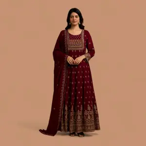 Partywear Long Gown in Red with Embellished Design and Matching pant and dupatta perfect for any special occasions  Womenswear Formal Outfit