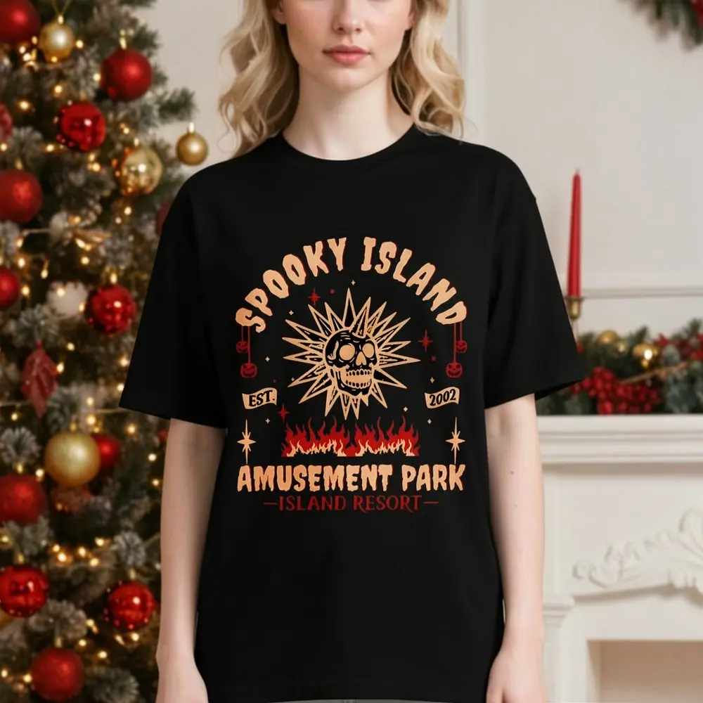 Menswear Cotton Round Neck Shortsleeve Oversized T-Shirt - Unisex Casual Streetwear Clothes, Spooky Island Amusement Park Graphics, 1800s Retro, 90s Vibe, Halloween Movie Disco Skull, Smooth Summer Fit