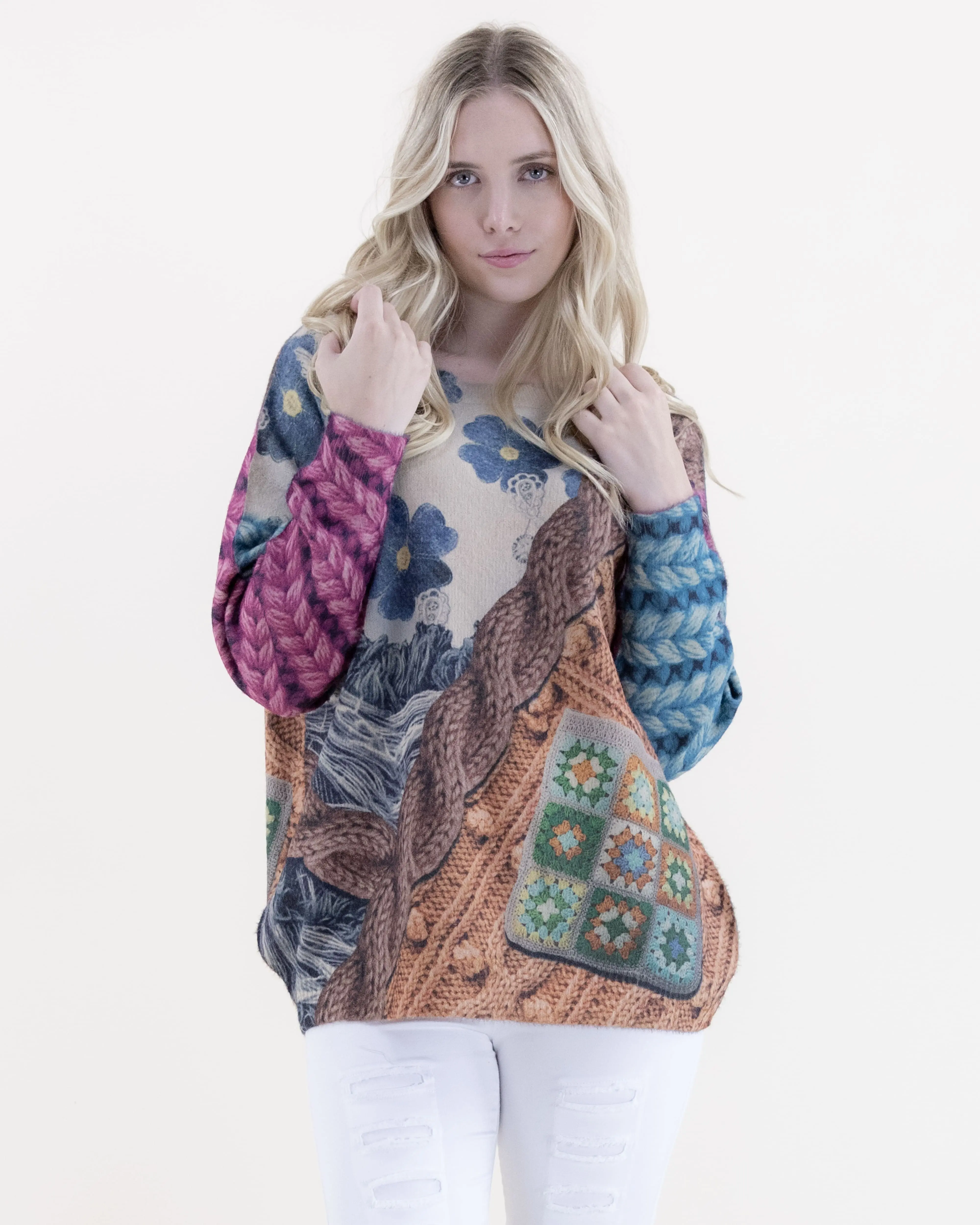 Original USA Women's Bohemian Patchwork Knit Pullover - Casual Oversized Sweater with Floral and Geometric Print, Knitwear, Loose Fit, Cable Knitted Print, Lady, Tops, Soft Acrylic, Bold Multi-Colored Women's Pullovers, Color-Block Patchwork Women's Pullo