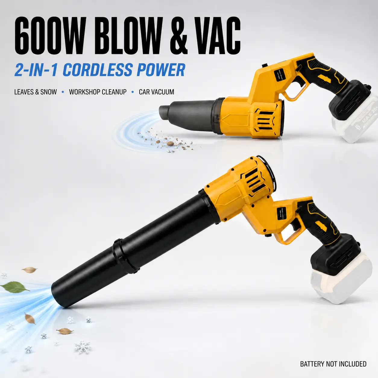 2-in-1 Cordless Blow & Vac, Handheld Battery Leaf Blower Vacuum Cleaner. Portable Air Blower for Leaves, Snow, Workshop Dust & Car Cleaning. Compatible with 20V Battery (Battery Not Included). Dual blow & vacuum modes for indoor outdoor debris cleaning.