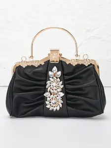 Pleated PU Rhinestone Ladies Evening Bag Clutch Bag, Evening Handbags, Purse Handbag, Rhinestone Handbag, Rhinestone Flower Design Lock Clasp, with Long Shoulder Strap for Shoulder Crossbody Bag, Suitable for Christmas Gift, Wedding, Party