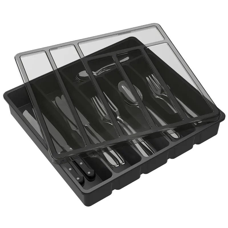 Lifewit Rectangle Compact Covered Silverware Organizer, Dust-Proof Covered Box for Kitchen Drawer & Countertop, Easy Wipe Clean Plastic Storage for Spoons, Forks, Knives