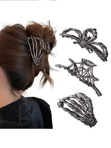 3PCS Black Spider Web Skeleton Hand Skull Hair Claw Clips for Women And Girls, Hiphop Metal Large Medium Size for Thick Thin Hair, Headband Barrette for styling Hair Accessories Party Gift (Black Gun) Hair Clip Set