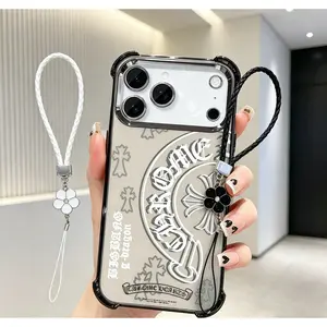 Gothic Cross-Pattern iPhone Case - Corner-reinforced design, electroplated finish, raised camera protection - Choose from four colors of four-leaf clover lanyards - Compatible with iPhone 17/16/15/14 Pro Max| Premium Fashion Edition Case