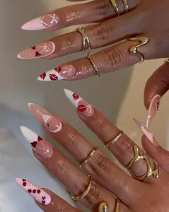 Valentine Red Lips Press On Nails, Pink Heart Stiletto Nail, Kiss Print French Tips, Romantic Nails, Pink Love Nails for Date Night