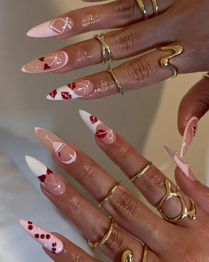 Valentine Red Lips Press On Nails, Pink Heart Stiletto Nail, Kiss Print French Tips, Romantic Nails, Pink Love Nails for Date Night