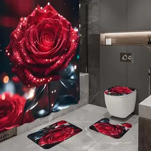 1/4 piece sparkling rose pattern bathroom set, 4-piece set including single shower curtain, anti slip floor mat, toilet U-shaped pad, toilet lid pad, with shower curtain hook, belonging to bathroom decoration products
