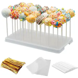 28 Holes White Cake Pop Display Holder Set with 100 Pcs Cake Pop Sticks 100 Pcs Bags 100 Pcs Gold Twist Ties