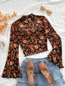 women's floral print long sleeve tee, elegant bell sleeve top for summer, ladies clothes for daily wear