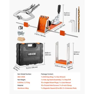 VEVOR Pocket Hole Jig Kit, 1/2 to 1-1/2 in Adjustable, Jig Pocket Hole System with Toolcase, C-Clamp, Step Drill, Hex Wrench, Drill Stop Ring, Square Drive Bit, Reinforced Metal Frame, for Woodworking