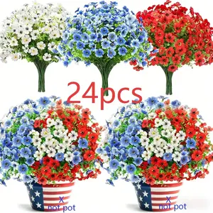 3 Colors 24 Pcs High-End Artificial Violet Flowers, UV Resistant Outdoor Decor, Waterproof Plastic Floral Arrangements, Patriotic Theme