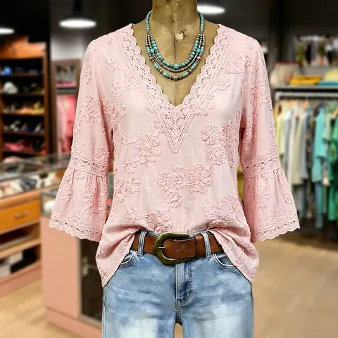 Cherrybetty 100%Cotton Vintage Floral Embroidered V-Neck Lace Patch Cotton Blouse Summer Tops Plussize Cute Tops Summer Clothes Women Women's Summer Outfits