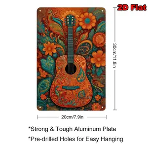 2D Flat,1pc Metal Sign,Retro Floral Guitar Art Tin Painting, Vibrant Bohemian Style. Metal Decorative Plaque, Easy to Install, Suitable for Home furnishings, music studios, art spaces,Living Room, Bedroom, Office, Bar, Wall Art, Home Decor