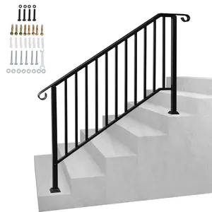 Outdoor Stair Handrail for 2-5 Steps, Matte Black Wrought Iron Railing with Curved Design, Rustproof Heavy-Duty Hand Rail for Porch, Garden, or Entryway Stairs