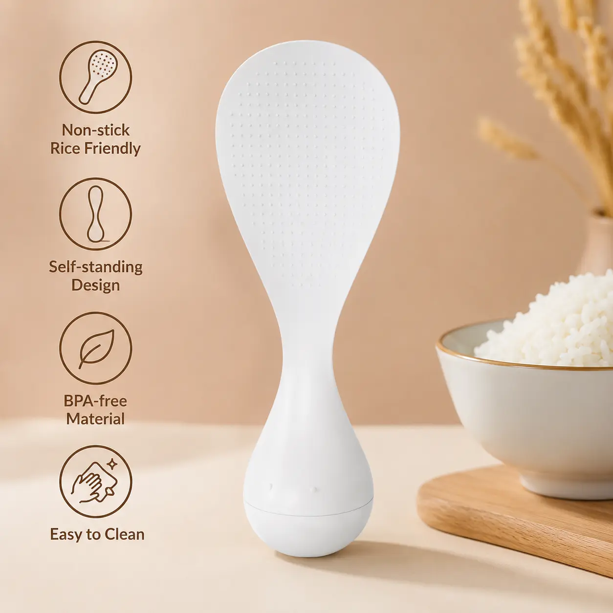 1 Count, Non-tipping Self-standing Rice Spoon, Non Stick Surface Household Utensil for Daily Kitchen Rice Cooker Use