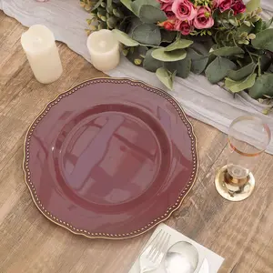 10-Pack Plastic Dinner Plates 10" Cinnamon Rose with Gold Scalloped Rim - Large Disposable Party Plates