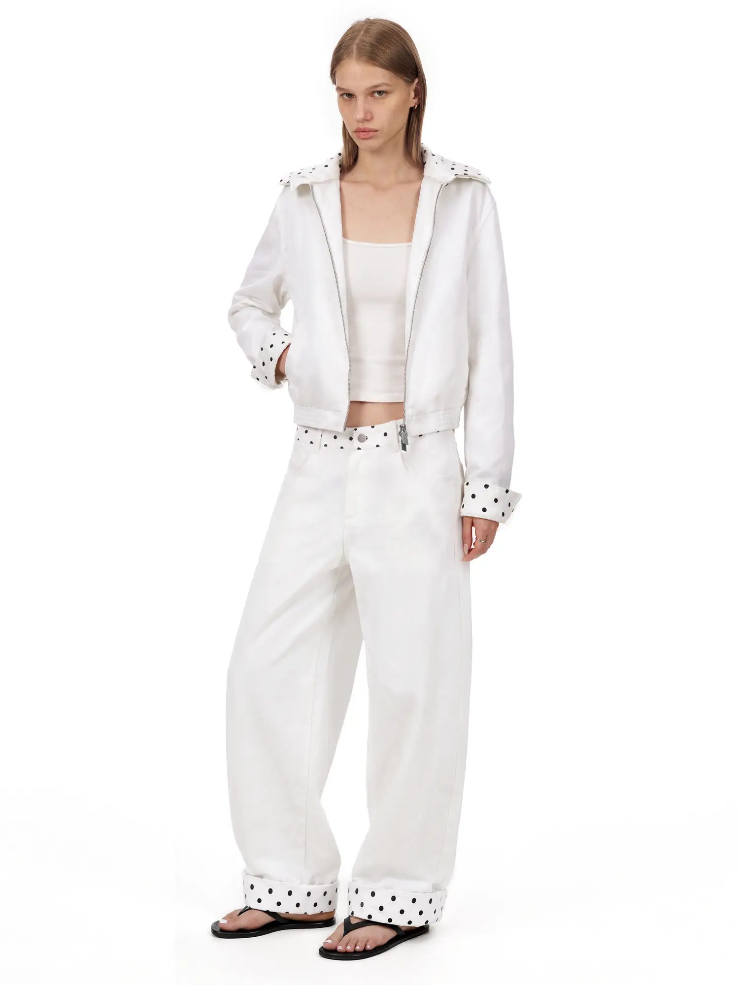 FDR Women’s Vintage Polka Dot Collar Jacket & White Straight Leg Jeans Set, Detachable Collar Two-Piece Denim Outfit with Y2K Streetwear Style