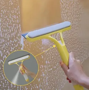 3-in-1 Window Squeegee with Spray Bottle and Scrubber, Professional Glass Scraper Tool for Shower Doors, Home Window, Car Windshield and Kitchen Mirrors, Streak-Free Silicone Blade, Yellow